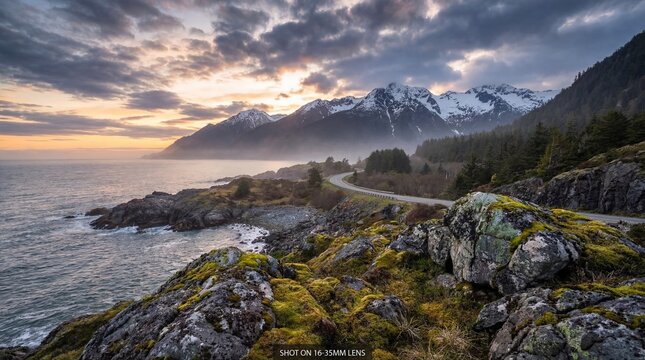 Serene Coastal Highway Overlooking a Rocky Shoreline and Snow-Capped Mountains at Dusk