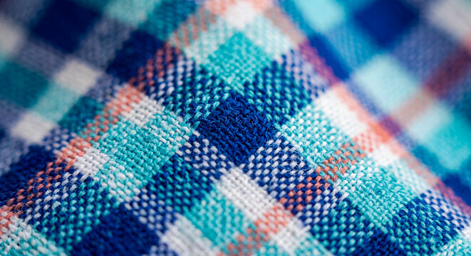 Macro Caribbean madras textile weave in blue and coral tones