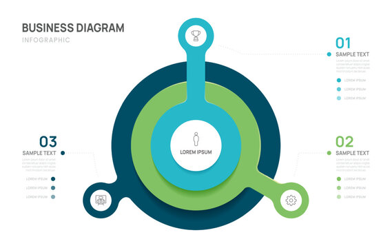 Venn diagram infographic chart template for business 3 parts circle layered wheel, presentation with icon elements vector illustration.
