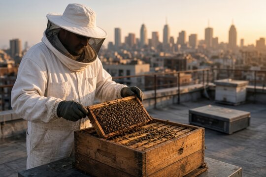 A beekeeper examines a hive on a rooftop during sunset.