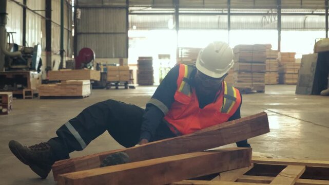 African American male sawmill worker was injured while moving heavy logs pallet lost its balance and fell onto his leg causing him to collapse in pain from a knee injury.