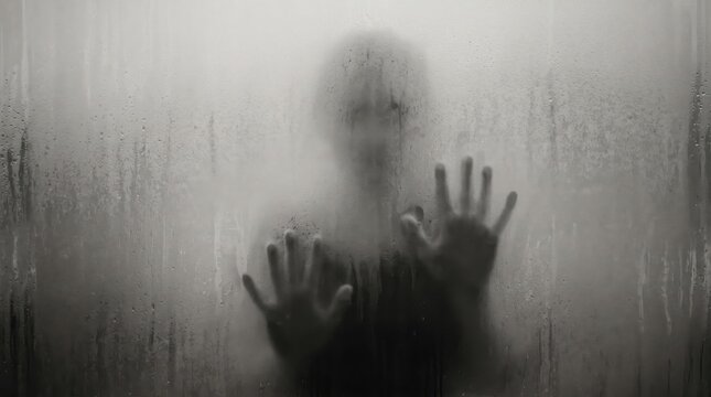 Faint ghostly handprints and silhouette pressed against a foggy glass pane