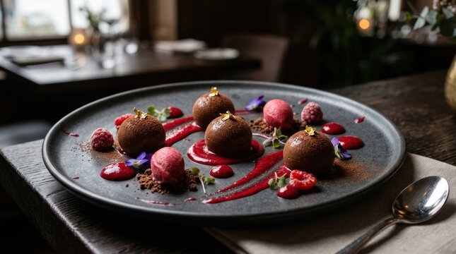 Gourmet Chocolate Truffle Dessert with Raspberry Coulis and Edible Flowers.