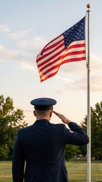 Soldier in dress uniform saluting a flag beside trees and blue sky