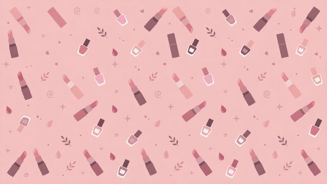Seamless pattern featuring cosmetics and beauty items, such as lipsticks and nail polish.