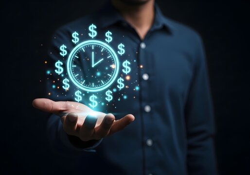Businessman holding a glowing clock hologram surrounded by dollar currency symbols representing time is mone