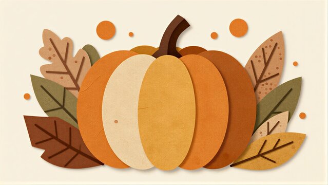 Autumn pumpkin surrounded by warm leaves and orange dots on cream background.