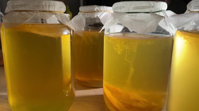 Several glass jars containing yellow kombucha liquid and orange solids, lids covered with white paper and rubber bands, arranged on a wooden surface