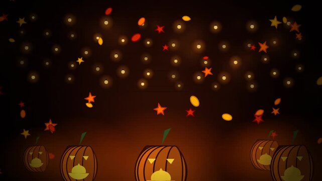 Spooky halloween pumpkins blinking with autumn leaves falling on dark glowing background.