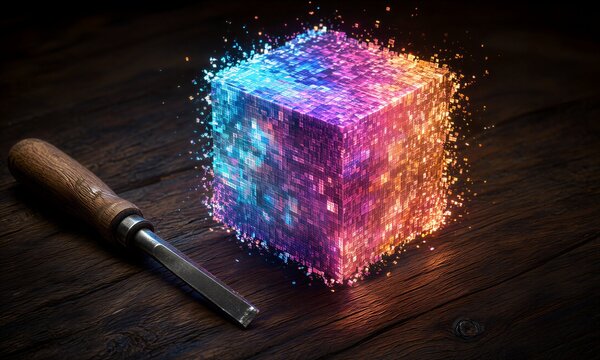 Glowing digital cube beside wooden chisel on dark wood surface.