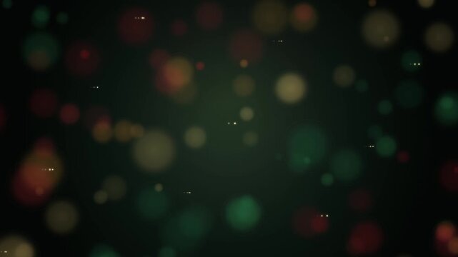 Abstract bokeh particles floating over dark green background with subtle light flares.