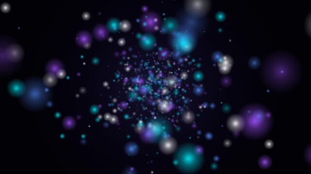 Abstract particle explosion zooming through deep space with purple and teal cosmic glow.