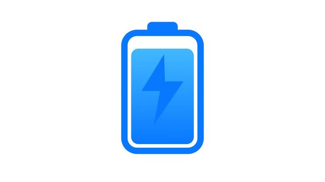 A bright blue battery icon with a lightning bolt symbol indicating it is charging, set against a plain white background.