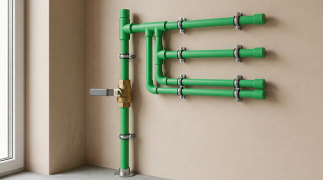 Green ppr plastic water supply pipes with brass valve mounted on a light beige generated using ai