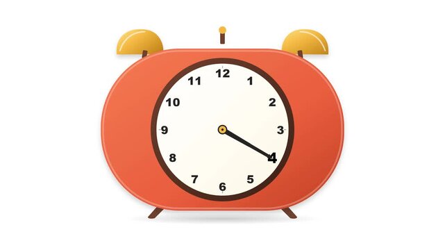 A classic orange alarm clock with two bells on top and a white face showing the time as approximately 4:20.