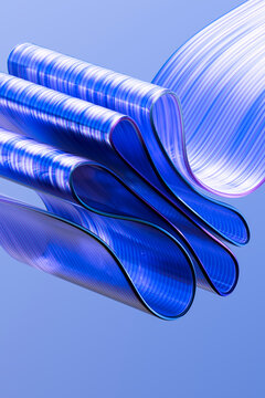 Stacked glossy data folds with luminous stripes on blue background 3D