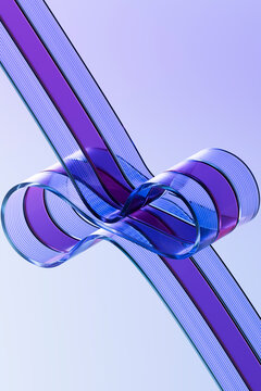 Violet and blue glass knot linking parallel technology rails 3D