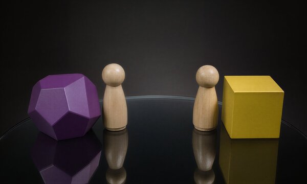 Purple polyhedron, two wooden figures, yellow cube on reflective black surface.