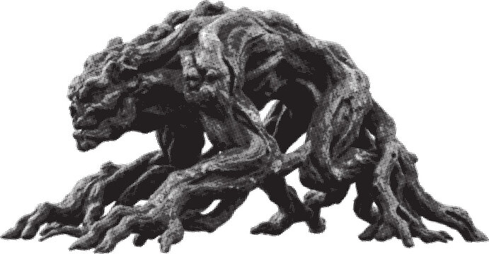 Monochrome halftone dotted illustration of a creepy wooden root monster beast. Swamp creature horror graphic. Vector minimalist background.