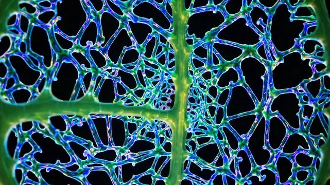 Glowing leaf vein network under microscope revealing bright green midrib and iridescent blue cell walls against black background, fluorescent confocal imaging captures intricate vascular lattice