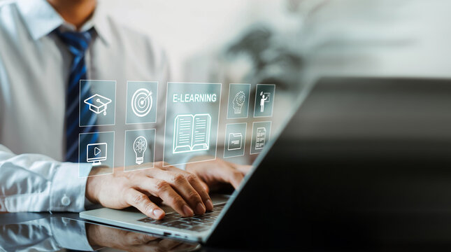 Professional typing on laptop with virtual e-learning and online education icons. Concept of digital learning platform, remote training, corporate education, and modern knowledge development.