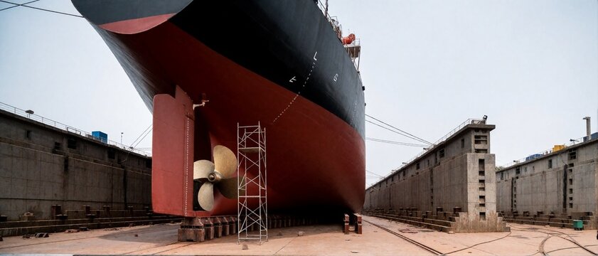 Large ship in drydock with propeller and rudder visible