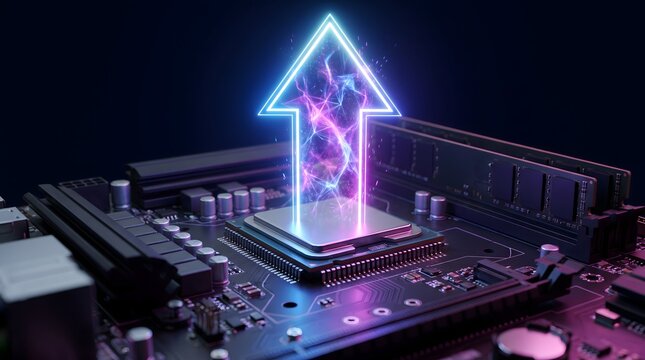 Computer motherboard with glowing neon arrow pointing upwards from CPU symbolizing data processing speed and technological advancement with RAM modules in background.