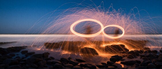 Steel wool light painting circles on rocky beach at dusk © SR07XC3
