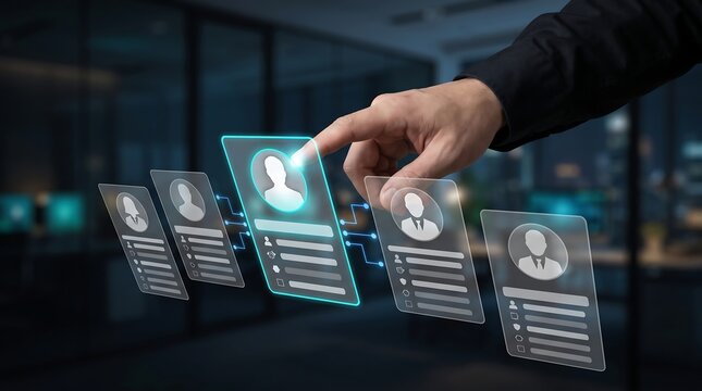 Business professional hand touching digital holographic interface displaying employee profiles for recruitment and human resources management in modern dark office workspace environment