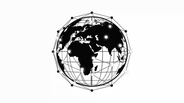 Rotating black and white globe animation loop showing global communication networks with geometric connection nodes