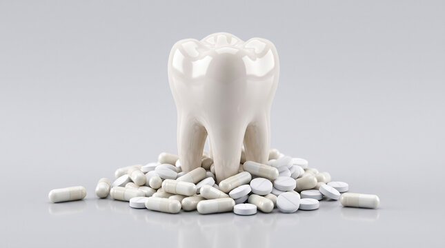 Tooth model standing on pile of capsules and pills, toothache pain relief and dental antibiotic treatment