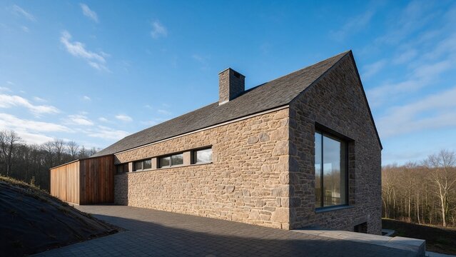 Fachada exterior de casa moderna de piedra rustica y madera en entorno natural con ventanal de cristal, tejado a dos aguas, chimenea alta y cielo soleado en proyecto de arquitectura. Rehabilitaci&oacute;n