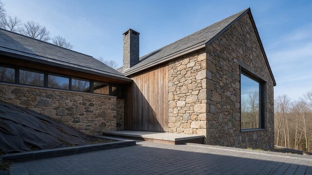 Detalle de arquitectura contemporanea en vivienda unifamiliar de piedra y madera con ventanal cuadrado, entrada principal, tejado oscuro y entorno boscoso en un dia despejado y soleado. Reformas