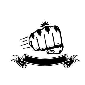 Strong punching clenched fist with speed motion lines and blank ribbon banner text frame vector illustration. Vintage hand drawn line art style graphic for boxing gym logo, fight club.