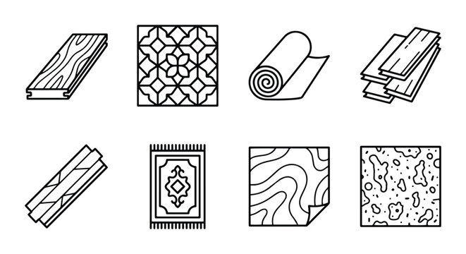 Flooring icons set with wood planks, carpet roll, rug and patterned tiles for interior design