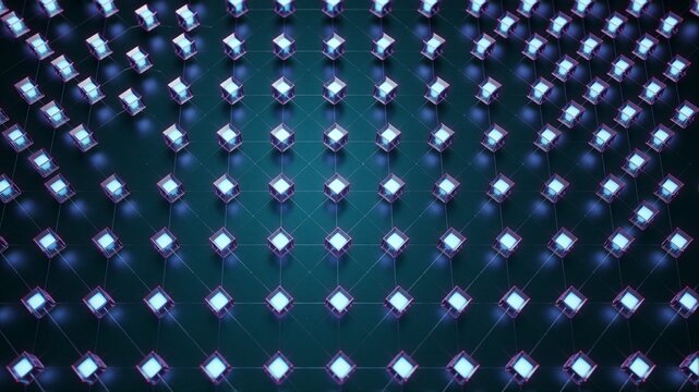 Glowing blue cubes in futuristic network grid pattern