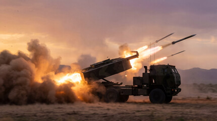 Fototapeta premium Heavy artillery unit fires rockets during dusk