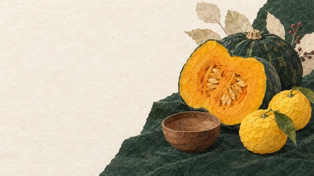 和紙ちぎり絵で描く冬至のかぼちゃとゆず