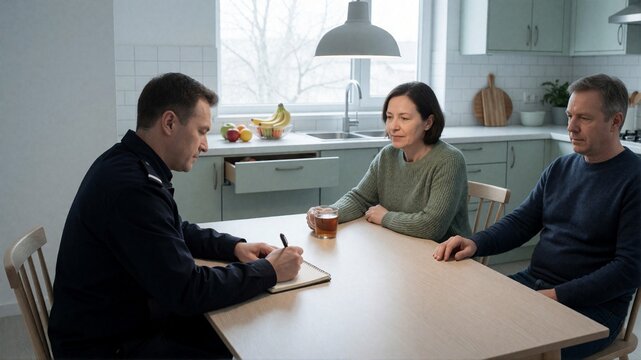 Police Officer Interviewing Couple at Home Kitchen Table