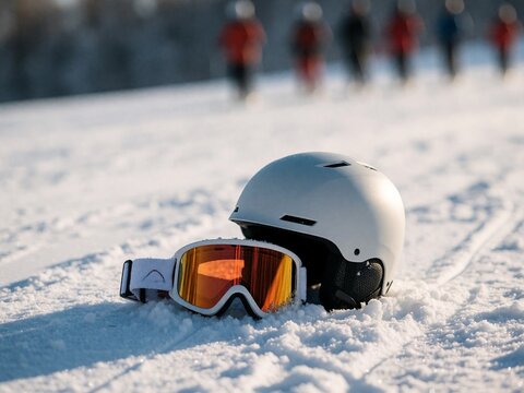 White ski helmet and goggles on snowy slope in sunlight