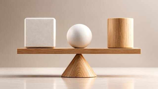 Geometric shapes including a stone cube white sphere and wooden cylinder perfectly balanced on a fulcrum representing stability and harmony