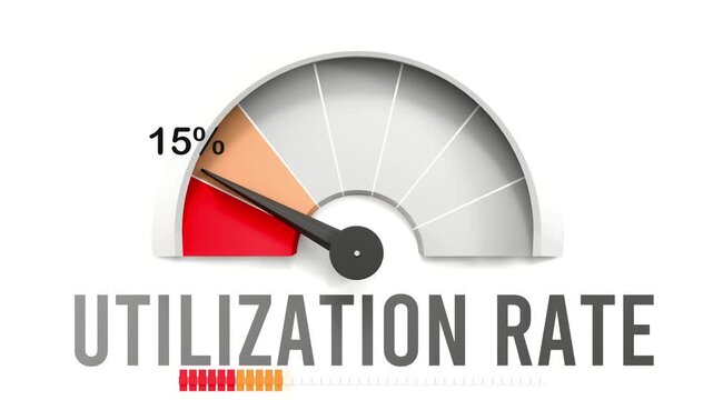 Utilization rate meter showing falling values of utilization rate. Diminishing to minimum, reaching zero, below the norm. Lack of utilization rate. No AI, made by humans for humans.