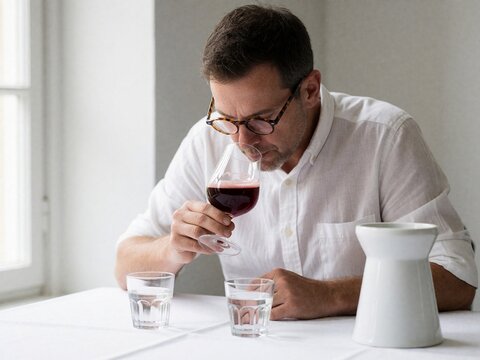 Man tasting red wine at a table