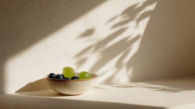 Ceramic bowl with green grapes and blueberries on a textured beige surface with shadows