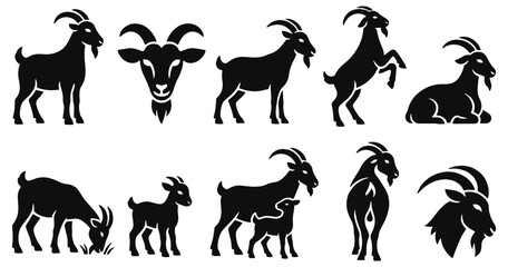 Fototapeta premium Goat solid icon set. Standing, grazing, resting and nursing goats with a young kid in black glyph vector silhouettes for livestock farming, dairy products, rural businesses and agricultural websites.