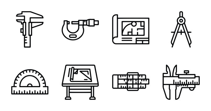 Engineering tools line icon set with caliper, micrometer, blueprint, dividers and protractor for industry and architecture