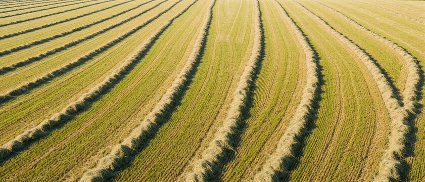Aerial view of curved hay windrows drying in a green agricultural fiel