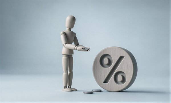 Wooden figure offers coins to a large percentage symbol, representing financial transactions.