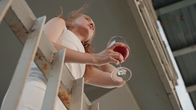 Woman in white dress stands on metal stairs holding and drinking from glass of red liquid. scene features industrial elements like rusted steel beams against soft lighting with subject hair