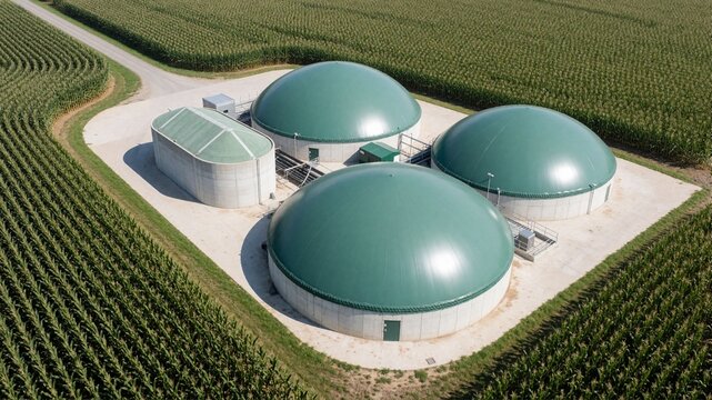 Aerial view of a biogas plant with green domes surrounded by corn fiel